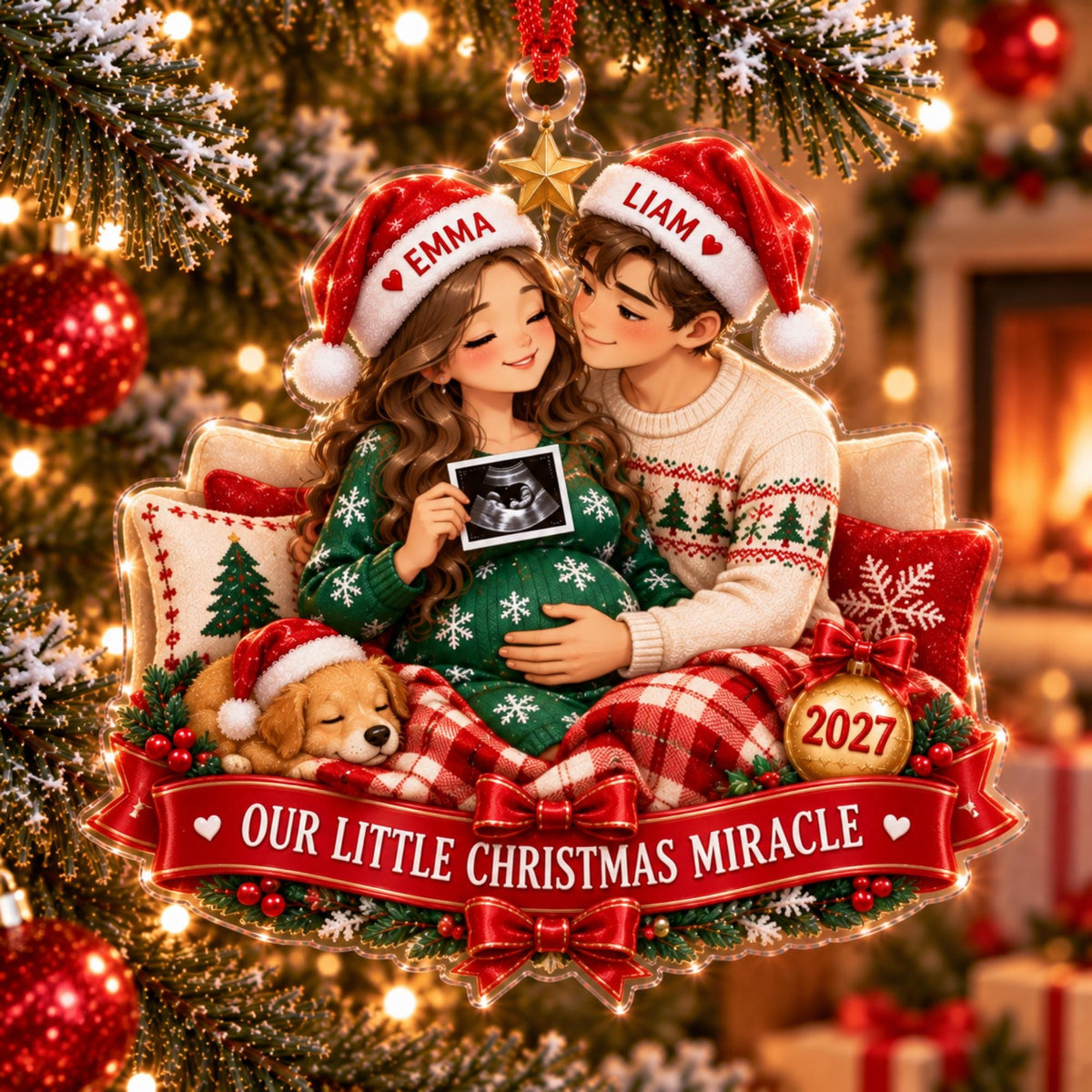 Our Little Christmas Miracle Pregnancy Acrylic Ornament - Acrylic Christmas Ornament, front view