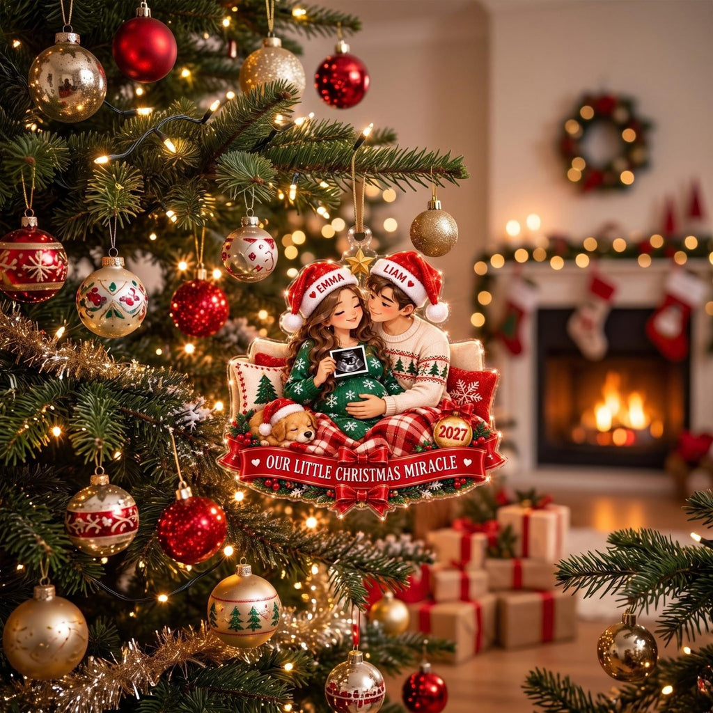 Our Little Christmas Miracle Pregnancy Acrylic Ornament - Acrylic Christmas Ornament, detail view