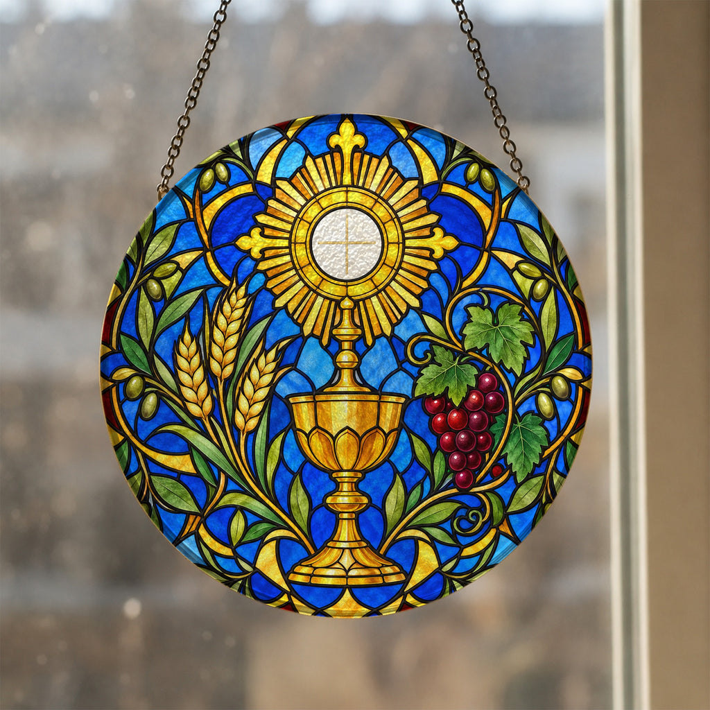 Panis Angelicus Glass Suncatcher - Catholic Suncatcher, styled in the home