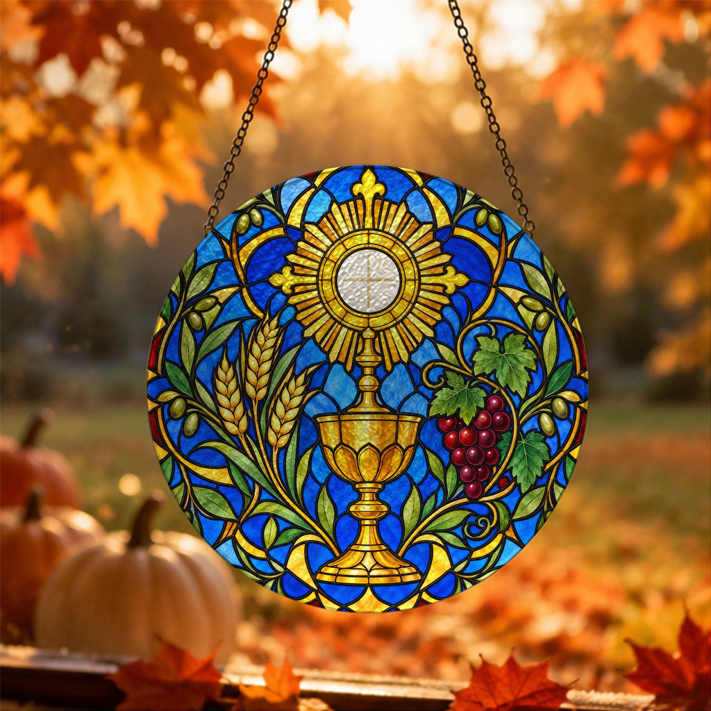Panis Angelicus Glass Suncatcher - Catholic Suncatcher, hanging display