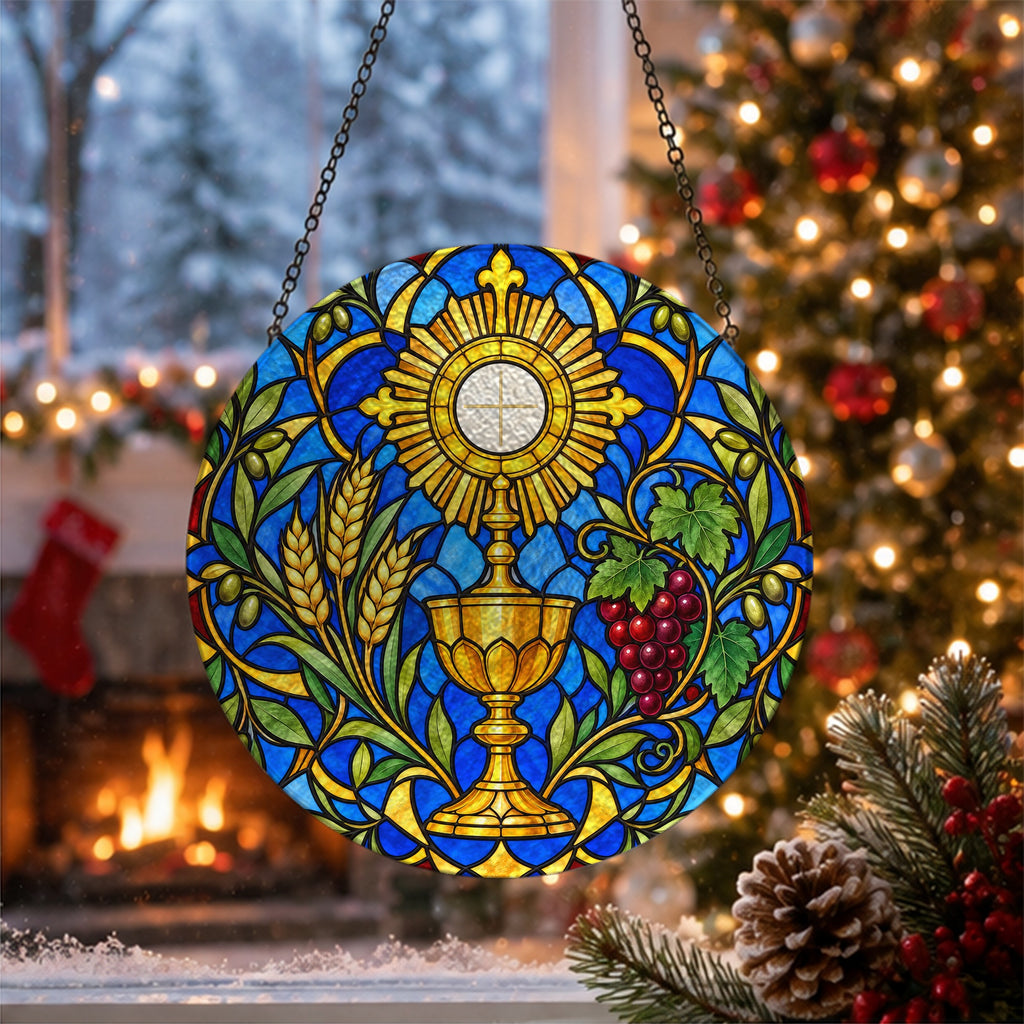 Panis Angelicus Glass Suncatcher - Catholic Suncatcher, close-up of the print