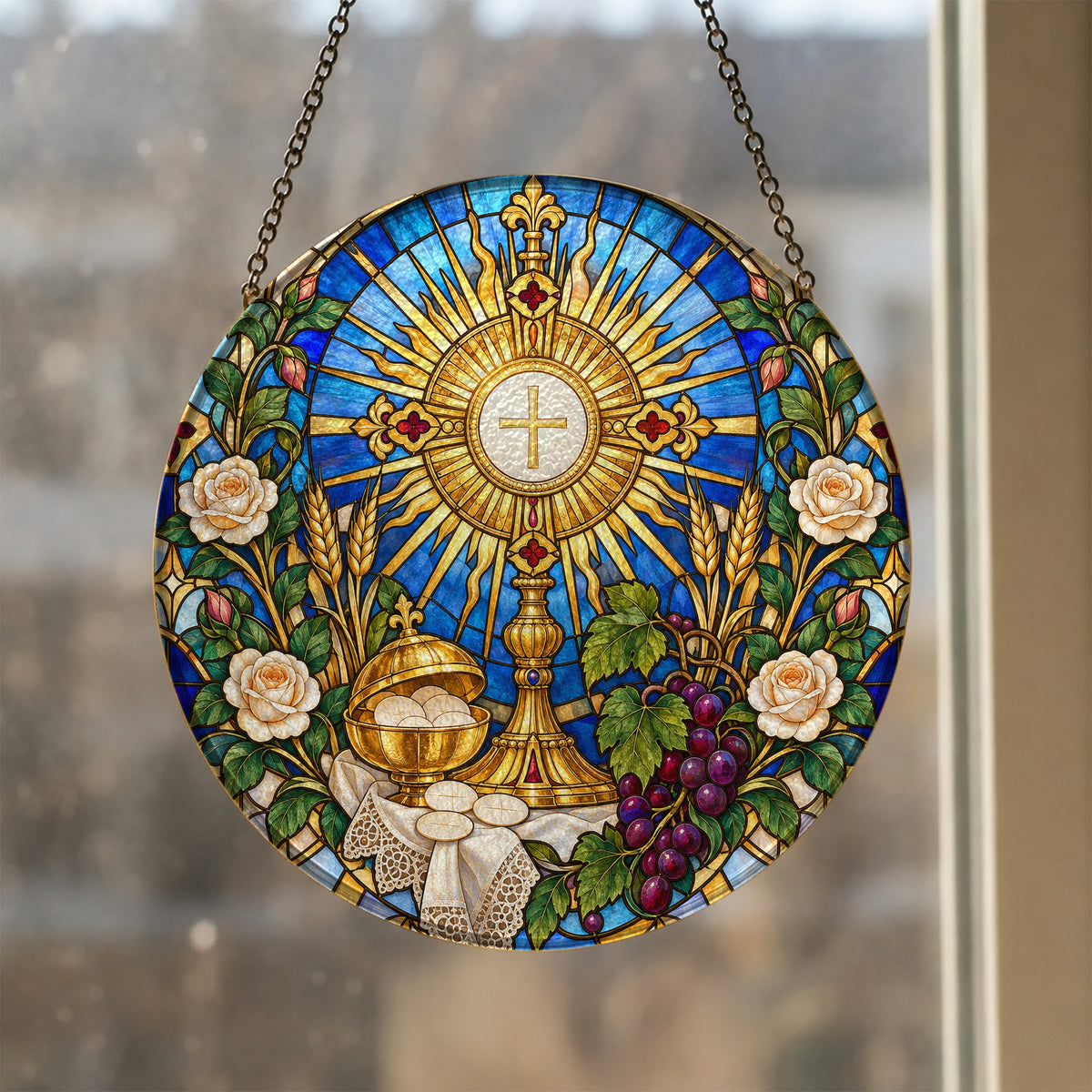 Panis Angelicus III Glass Suncatcher - Catholic Suncatcher, styled in the home