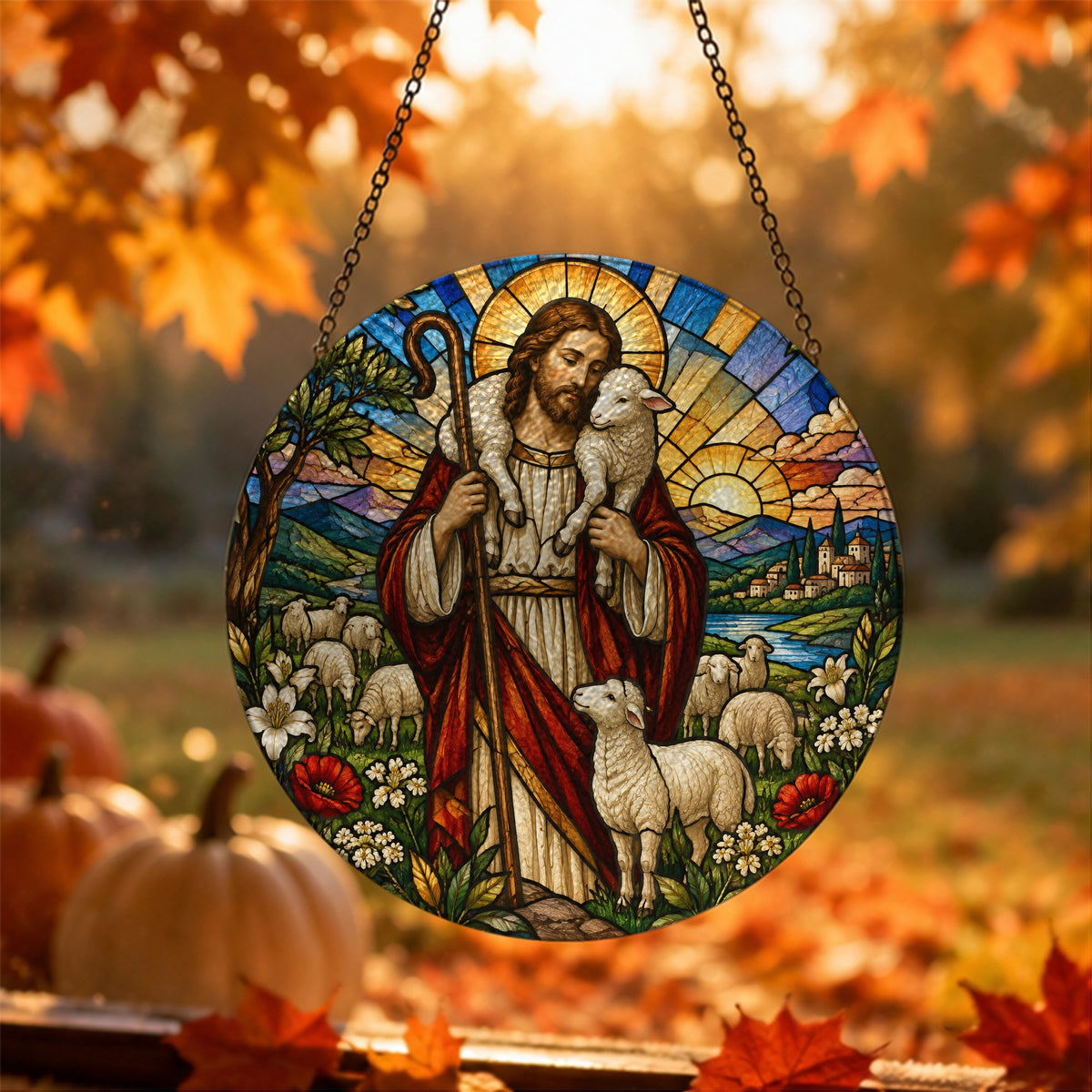 Pastor Bonus V Glass Suncatcher - Catholic Suncatcher, hanging display
