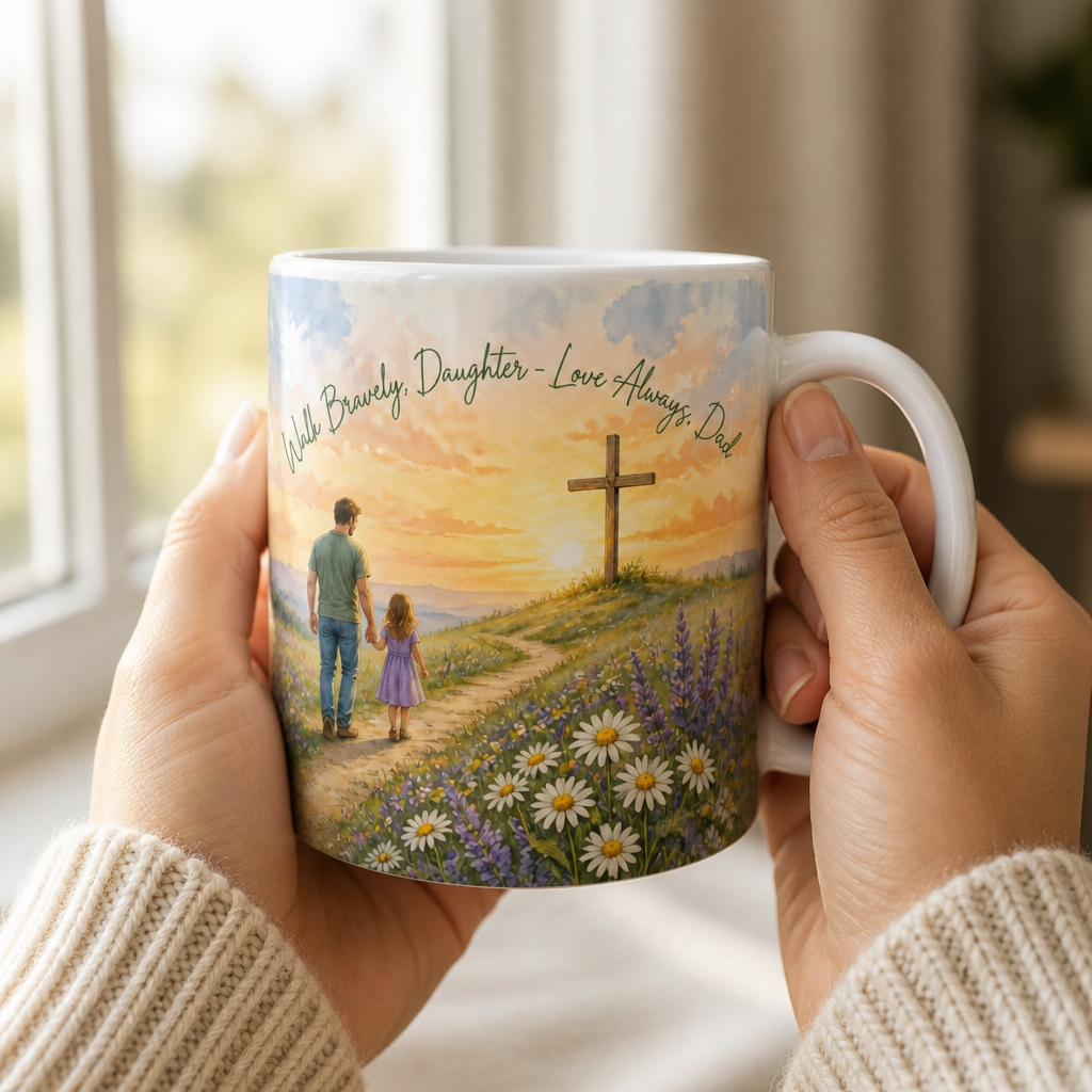 Path To The Hilltop Cross Ceramic Mug - Christian Coffee Mug, styled in the home