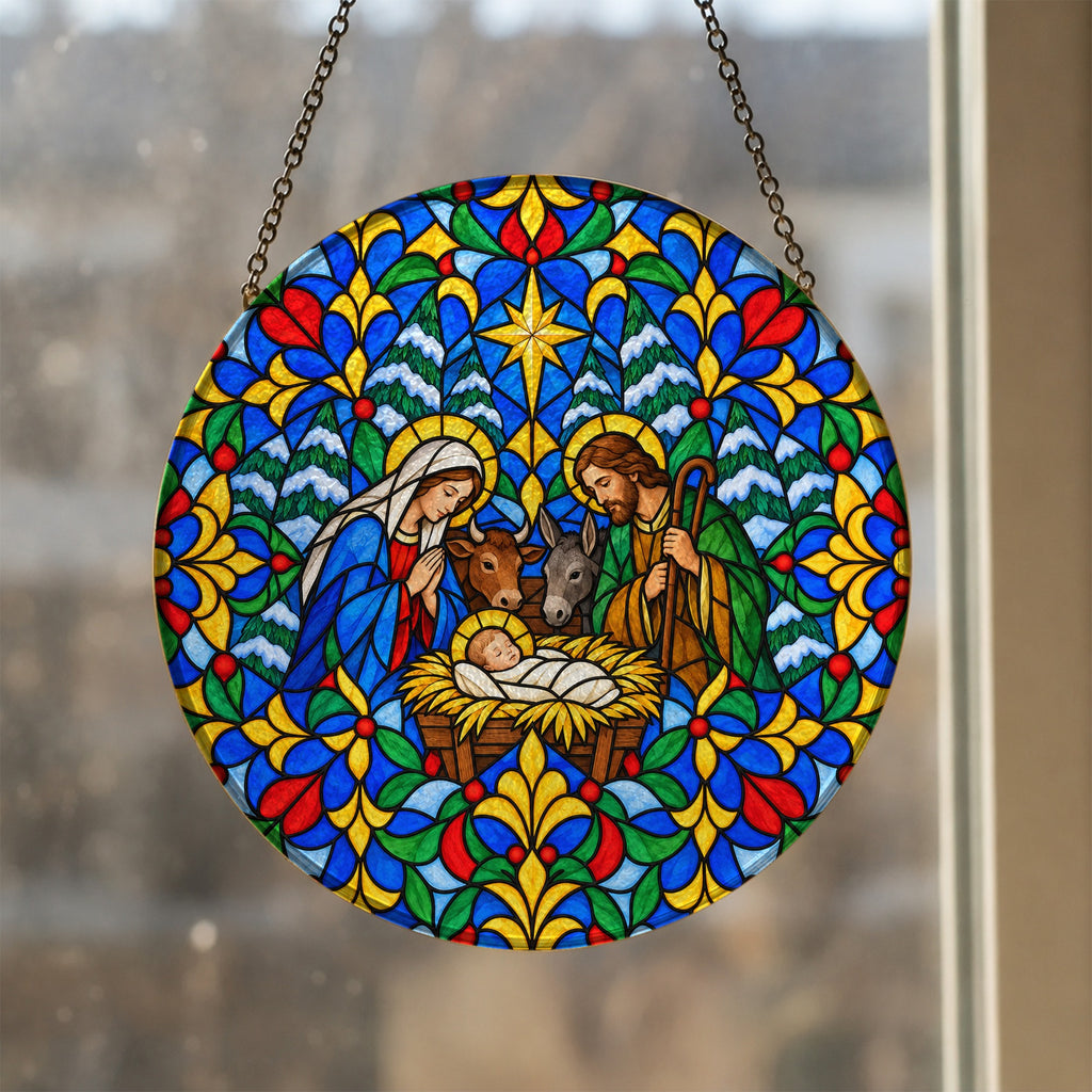 Praesepe III Glass Suncatcher - Catholic Suncatcher, styled in the home