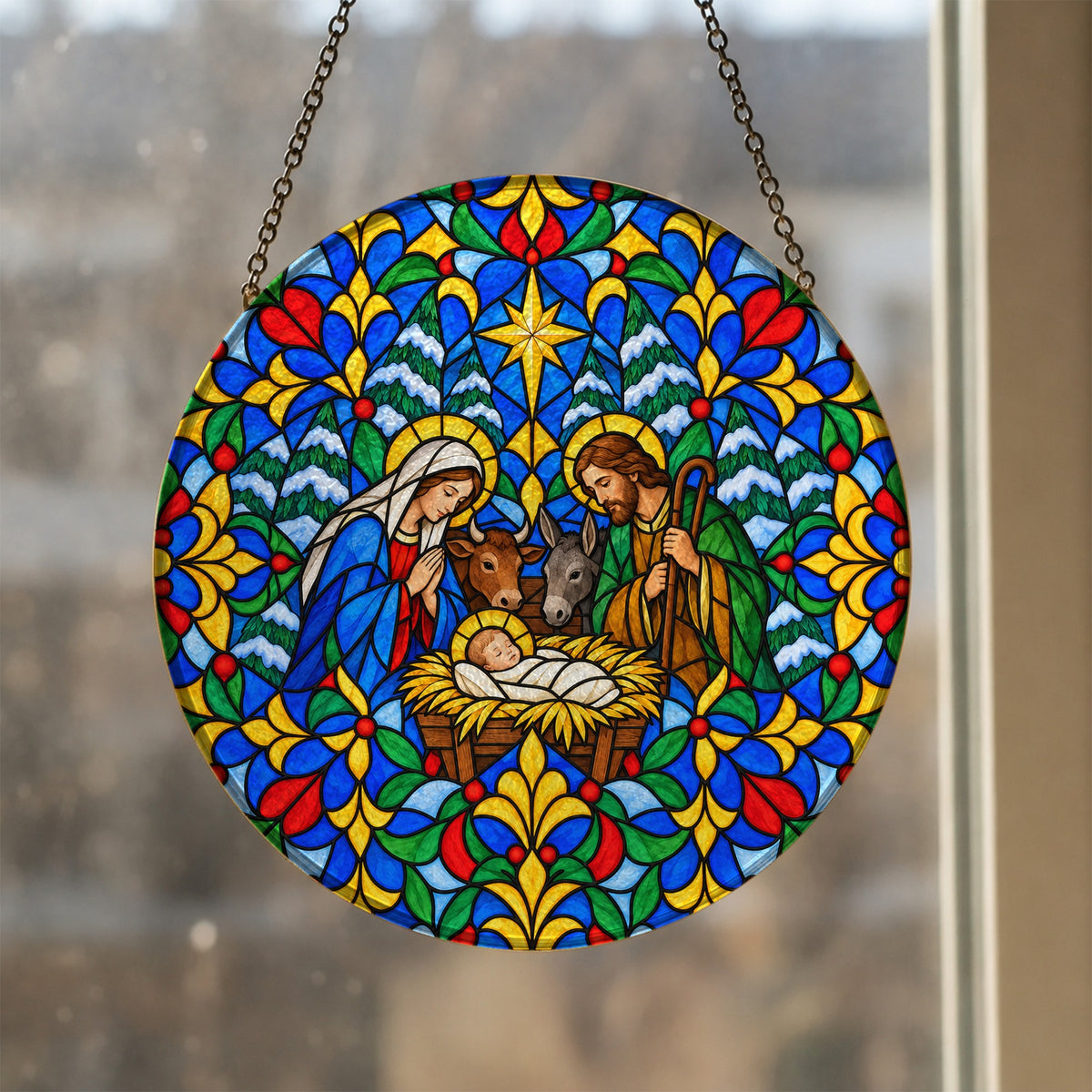 Praesepe III Glass Suncatcher - Catholic Suncatcher, styled in the home
