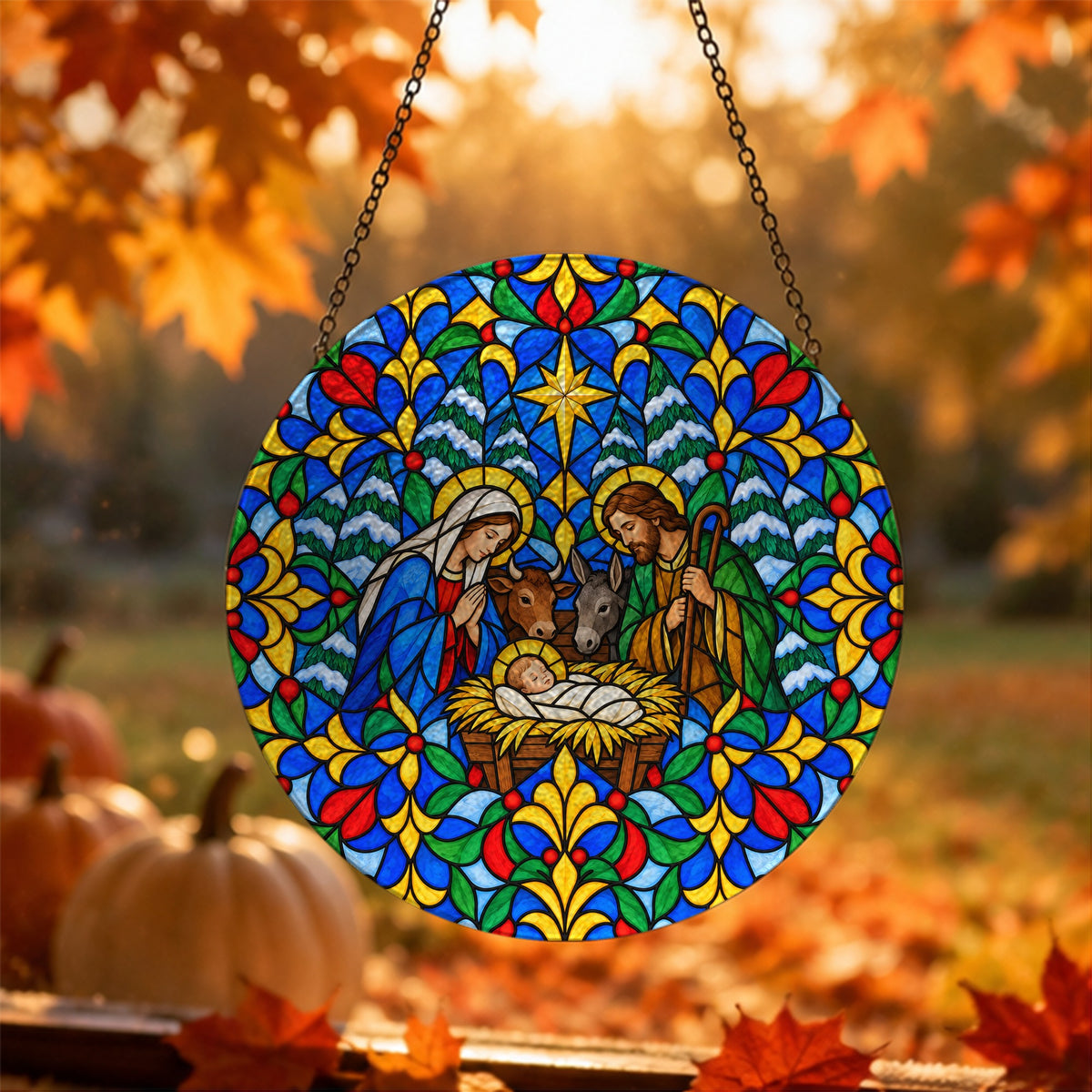 Praesepe III Glass Suncatcher - Catholic Suncatcher, hanging display