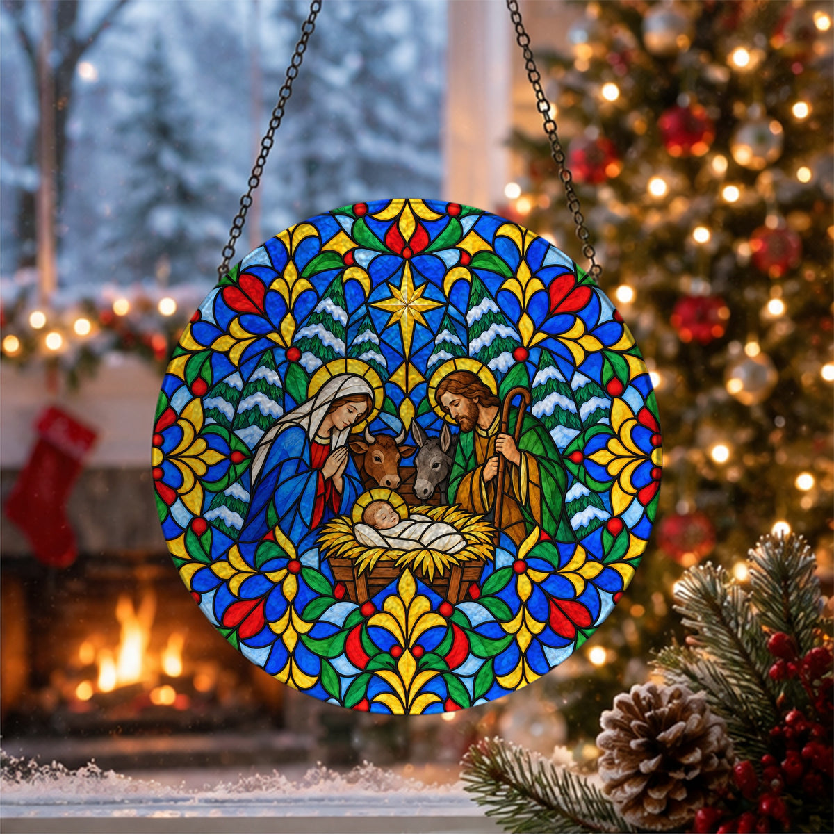 Praesepe III Glass Suncatcher - Catholic Suncatcher, close-up of the print