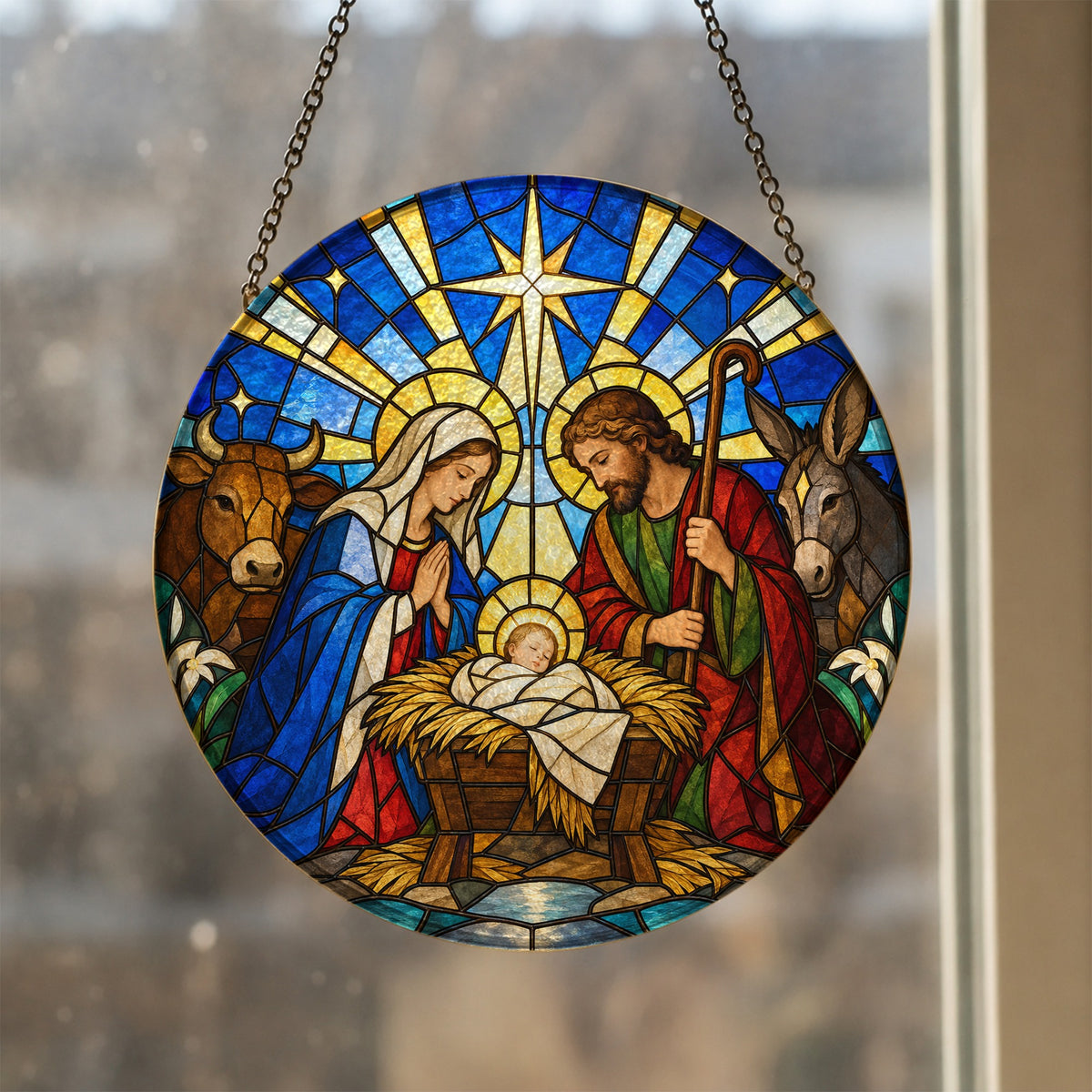 Puer Natus Glass Suncatcher - Catholic Suncatcher, styled in the home