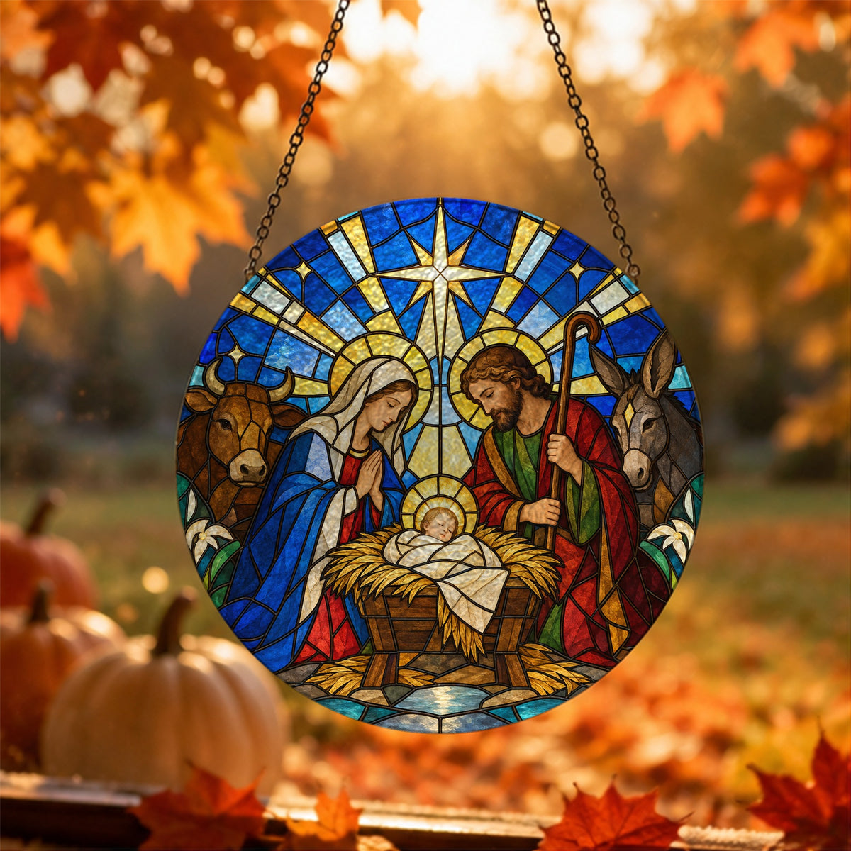 Puer Natus Glass Suncatcher - Catholic Suncatcher, hanging display