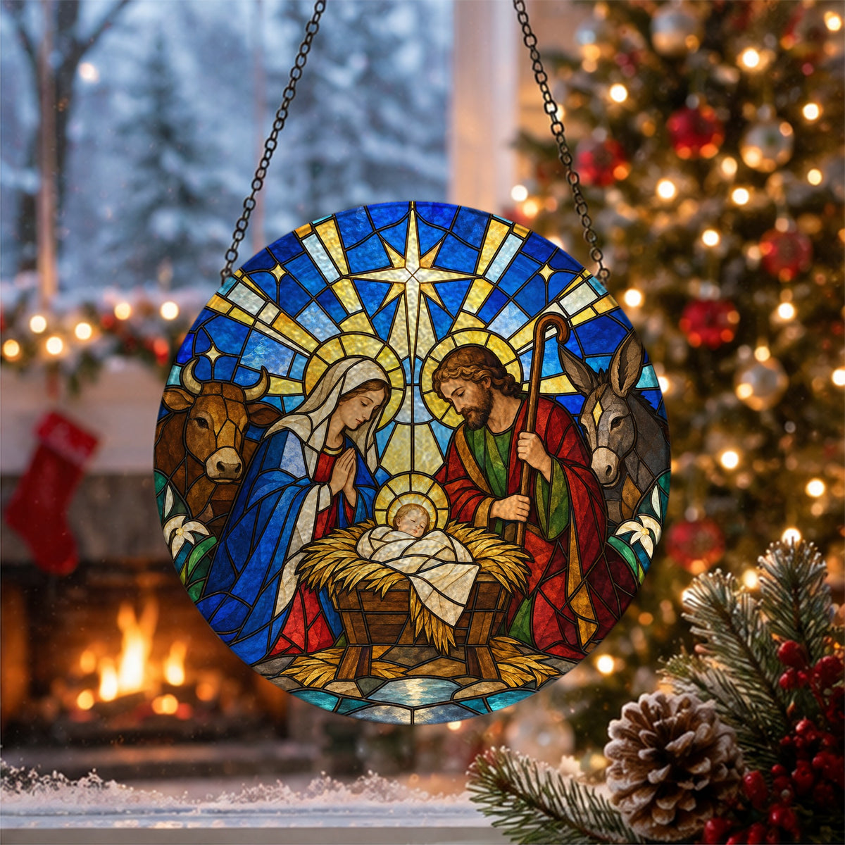 Puer Natus Glass Suncatcher - Catholic Suncatcher, close-up of the print