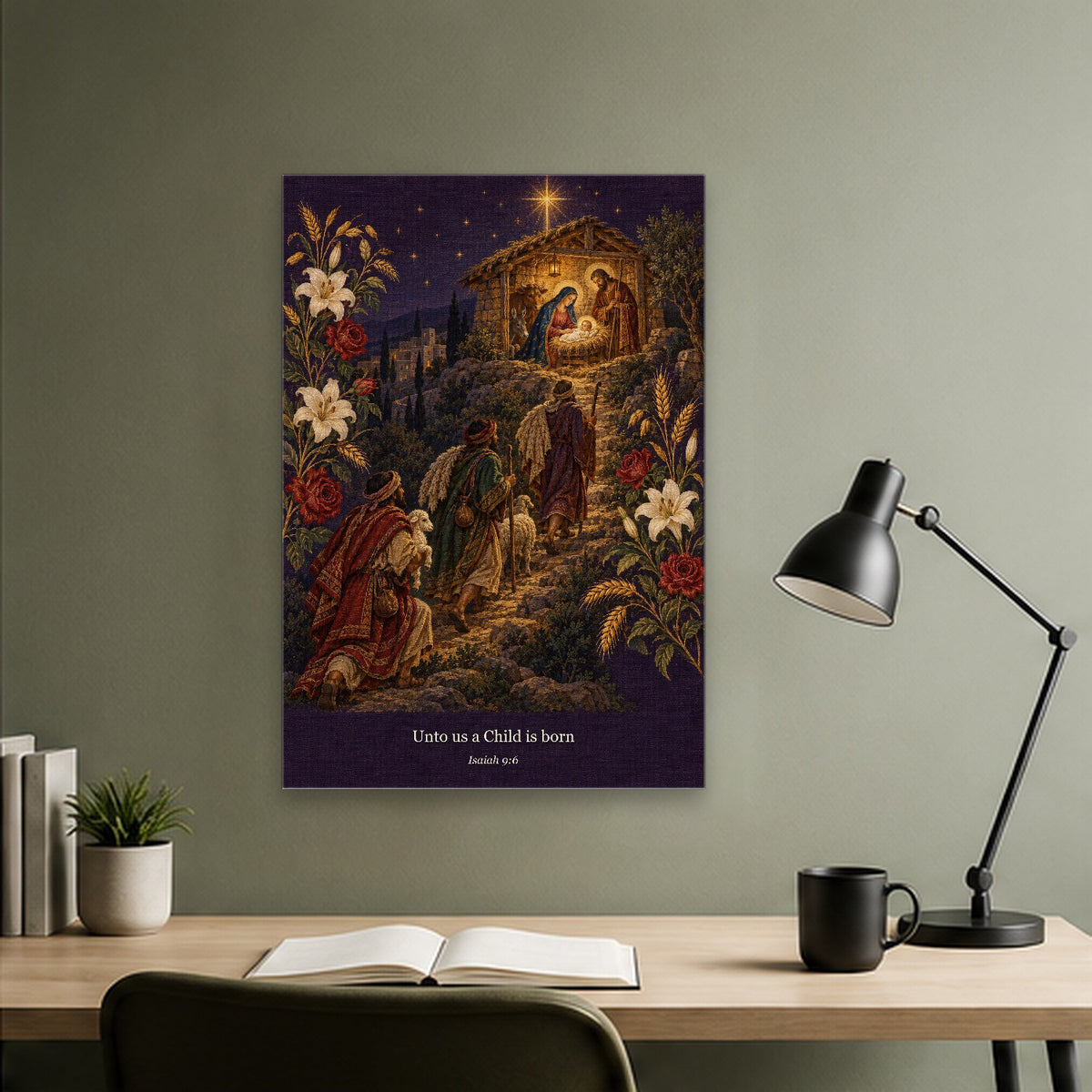 Puer Natus II Canvas Wall Art - Catholic Wall Art, close-up of the print