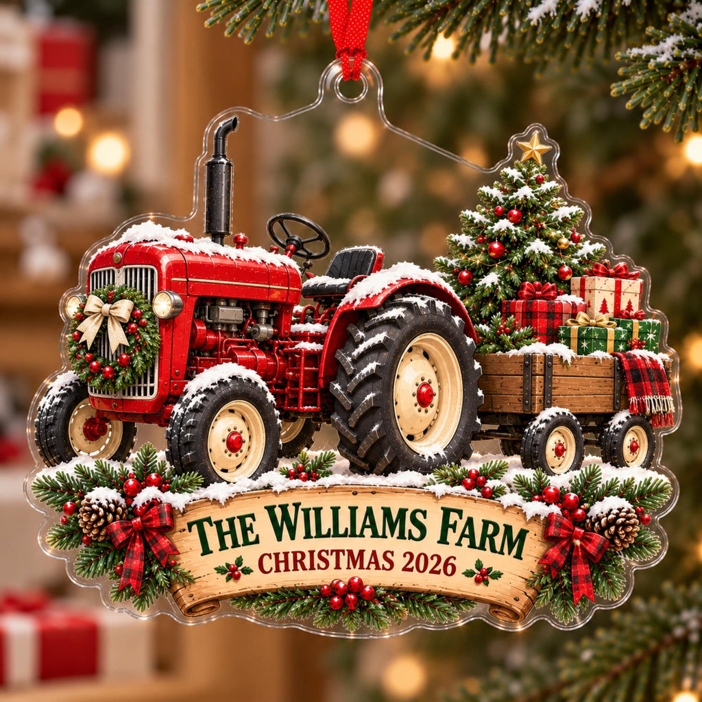 Red Tractor Farm Christmas Holiday Acrylic Ornament - Acrylic Christmas Ornament, front view