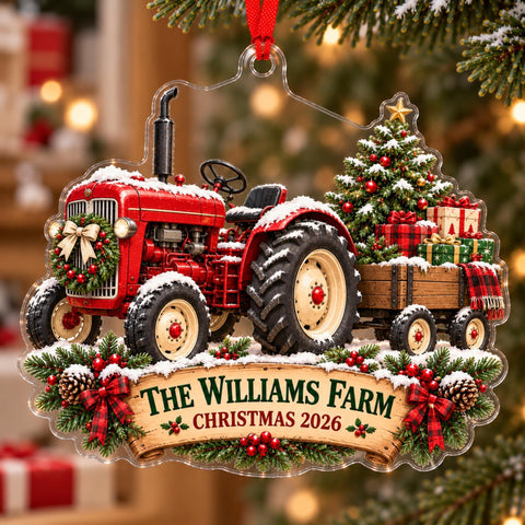 Red Tractor Farm Christmas Holiday Acrylic Ornament - Acrylic Christmas Ornament, front view