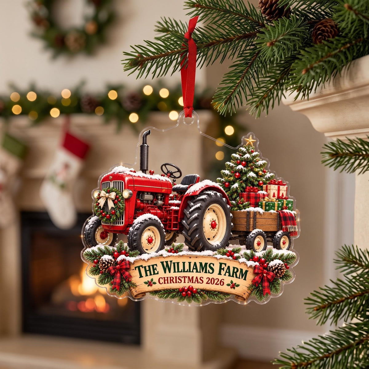 Red Tractor Farm Christmas Holiday Acrylic Ornament - Acrylic Christmas Ornament, detail view