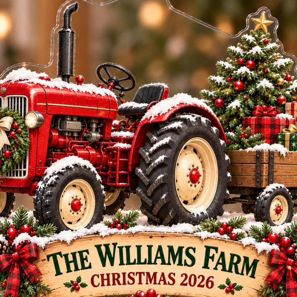 Red Tractor Farm Christmas Holiday Acrylic Ornament - Acrylic Christmas Ornament, styled in the home