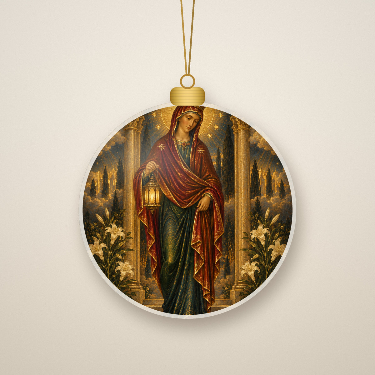 Regina Caeli Ceramic Ornament - Catholic Christmas Ornament, front view