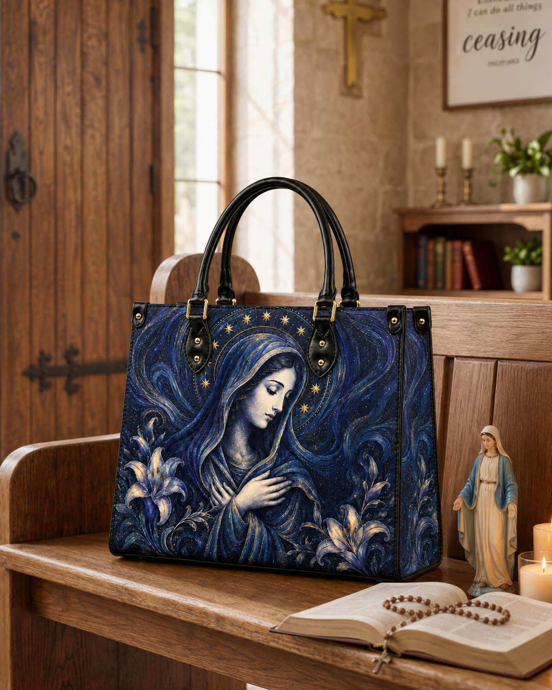 Regina Pacis PU Leather Handbag - Christian Handbag, close-up of the print