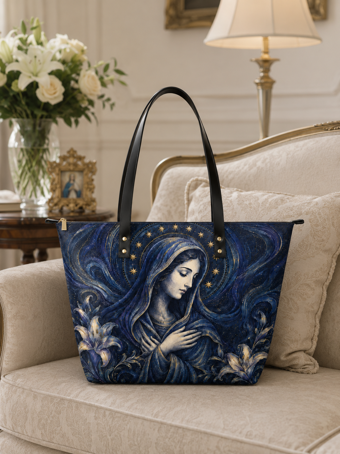 Regina Pacis Leather Tote Bag - Christian Tote Bag, close-up of the print