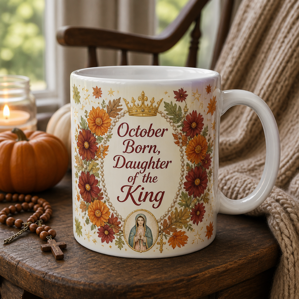 Rosary Month Crown Ceramic Mug - Christian Coffee Mug, front view