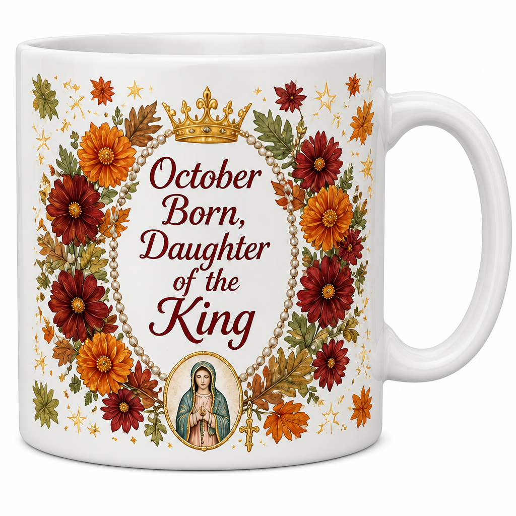 Rosary Month Crown Ceramic Mug - Christian Coffee Mug, detail view