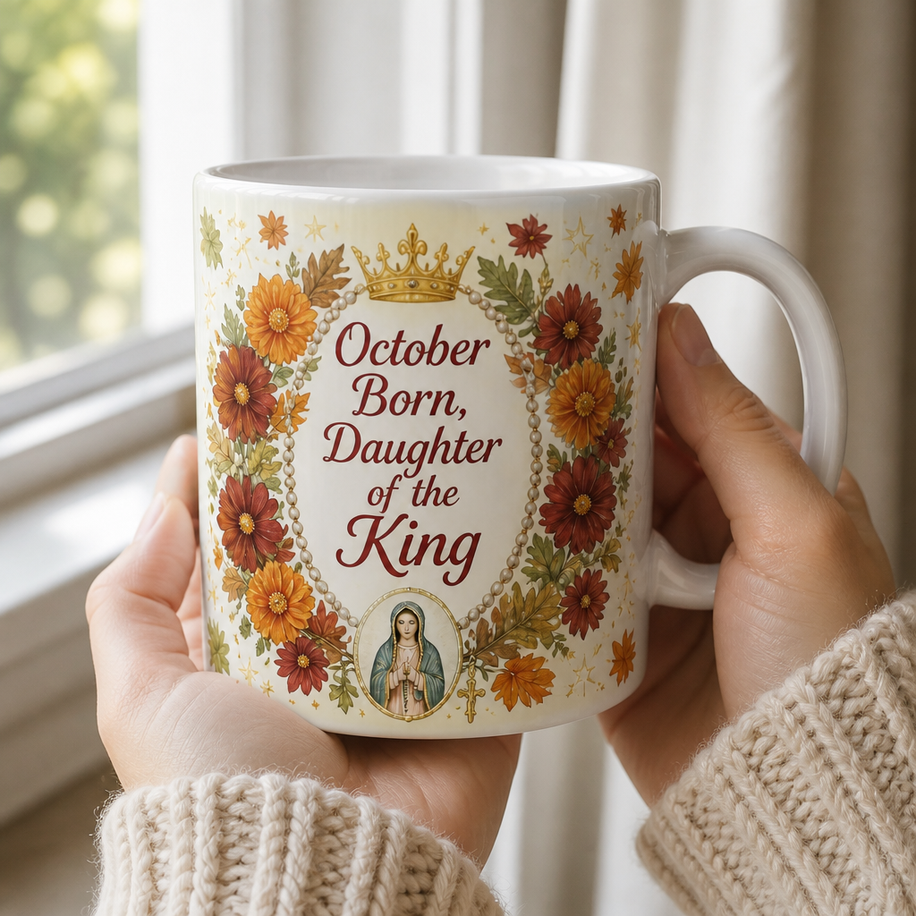Rosary Month Crown Ceramic Mug - Christian Coffee Mug, styled in the home