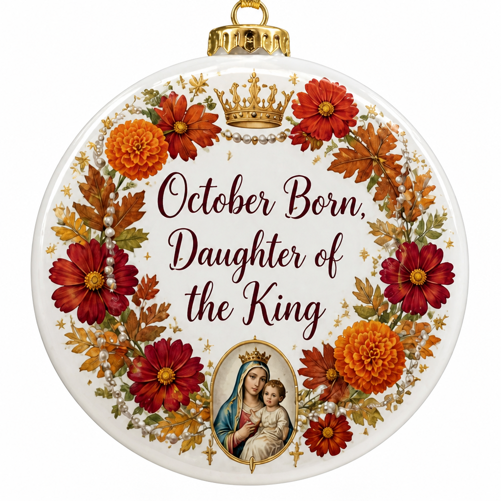 Rosary Month Crown Ceramic Ornament - Christian Christmas Ornament, detail view