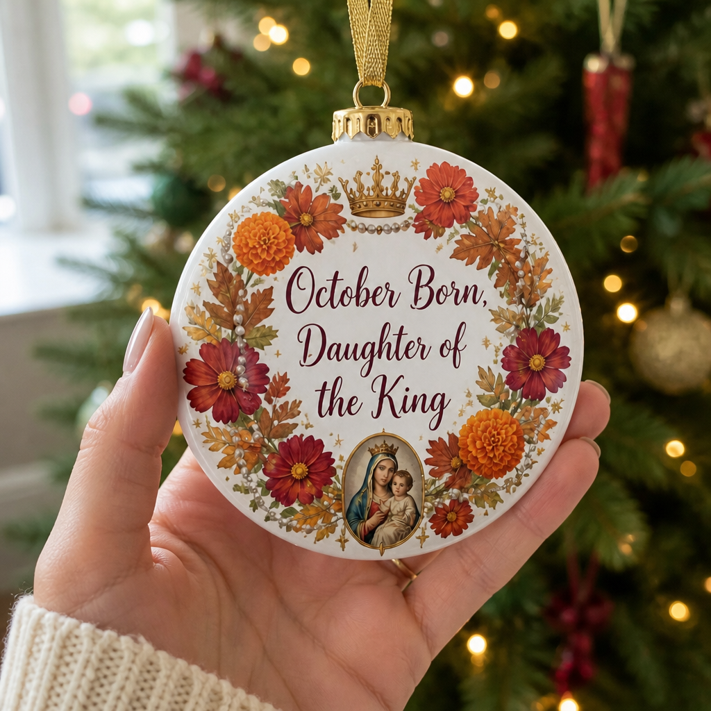 Rosary Month Crown Ceramic Ornament - Christian Christmas Ornament, styled in the home
