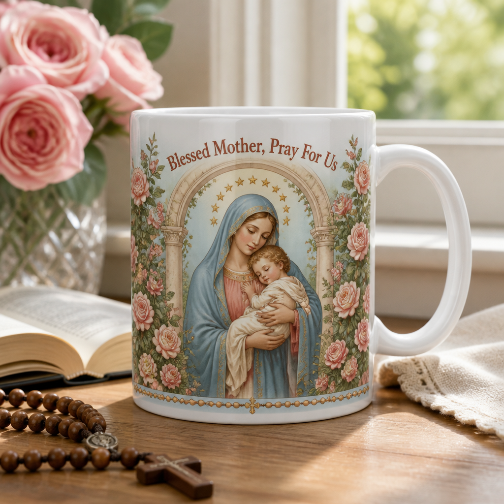 Rose Arbor Madonna Ceramic Mug - Christian Coffee Mug, front view