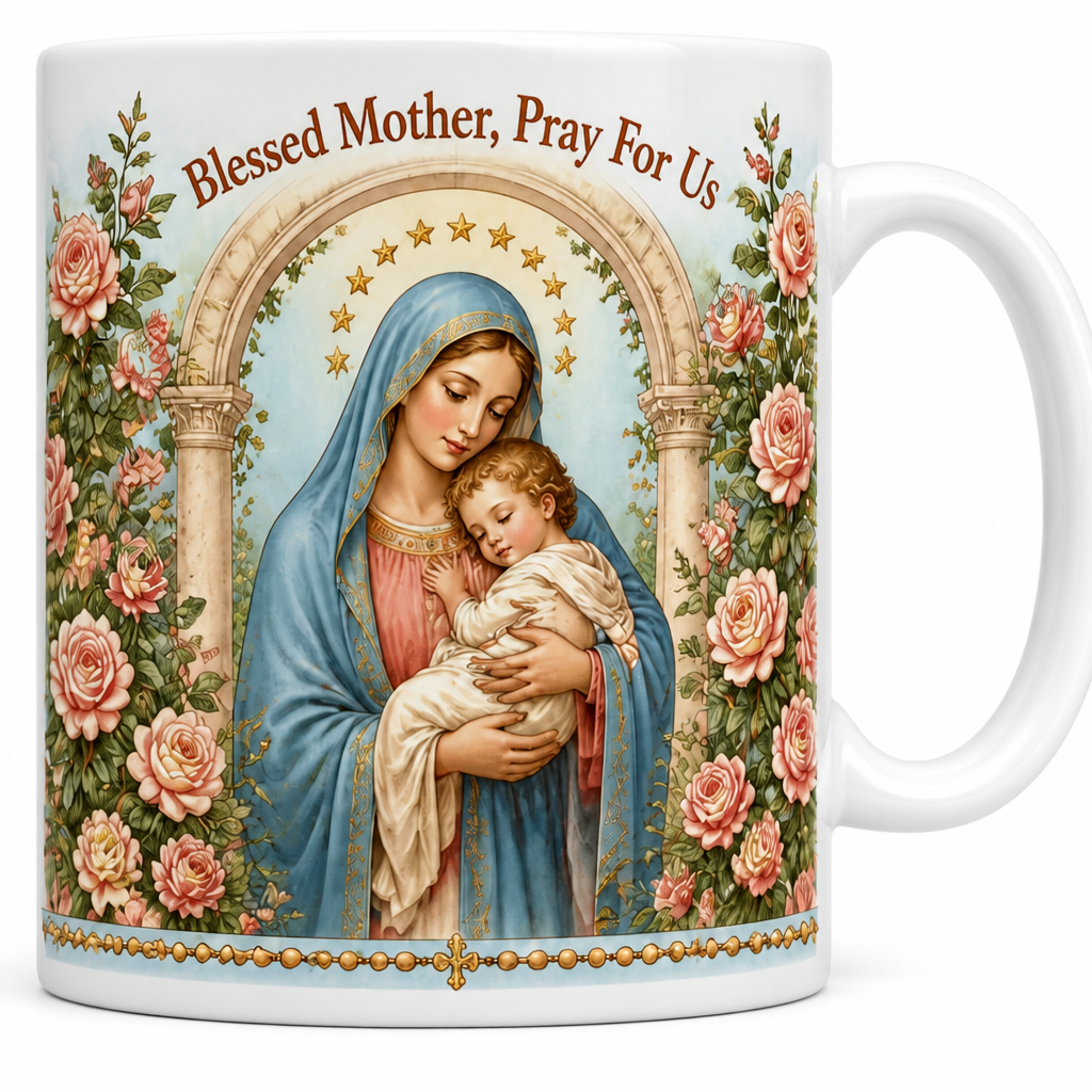 Rose Arbor Madonna Ceramic Mug - Christian Coffee Mug, detail view