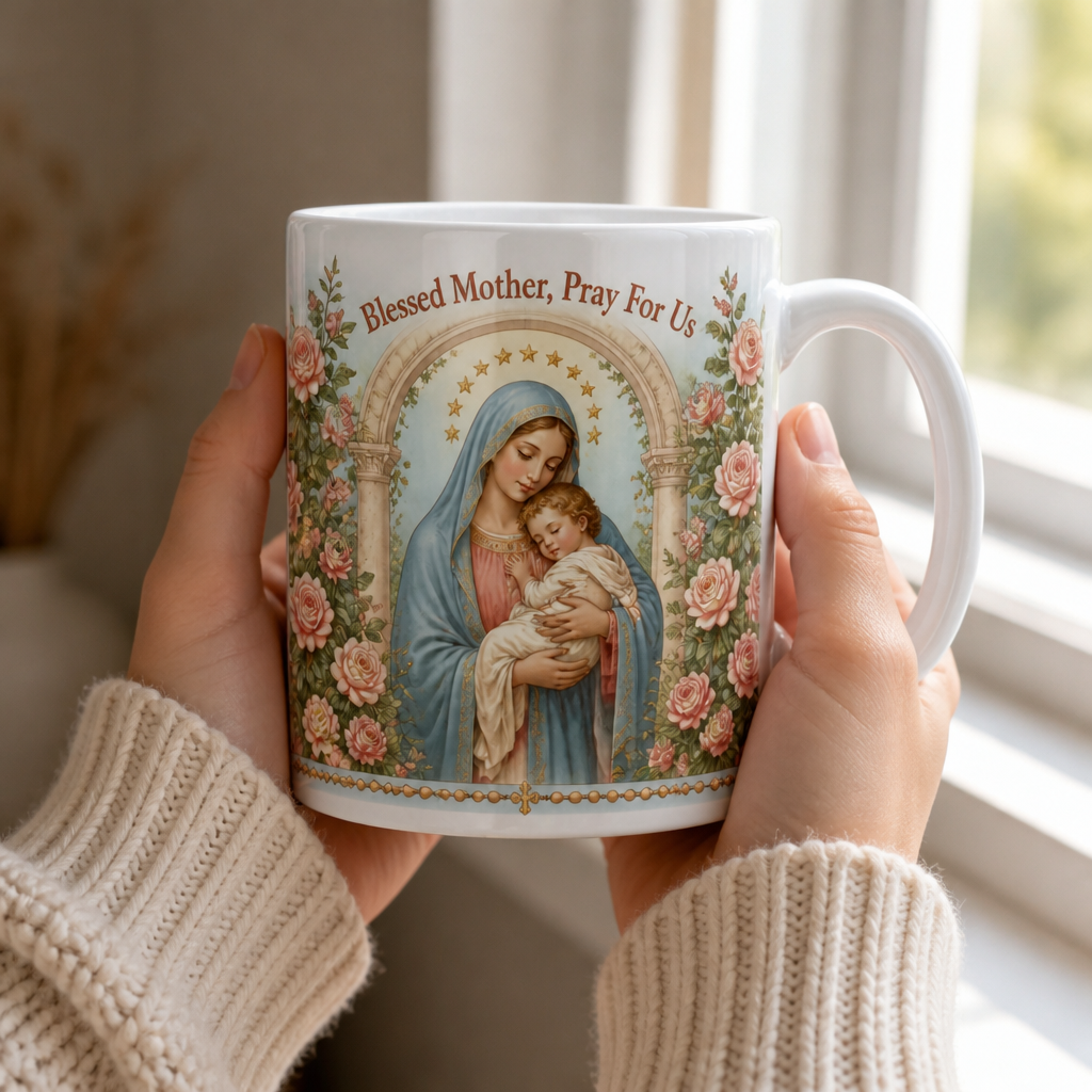 Rose Arbor Madonna Ceramic Mug - Christian Coffee Mug, styled in the home