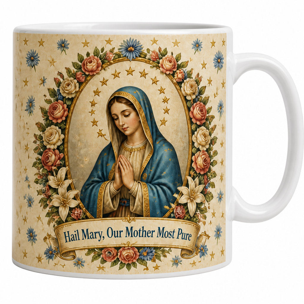 Rose Crowned Madonna Ceramic Mug - Christian Coffee Mug, detail view