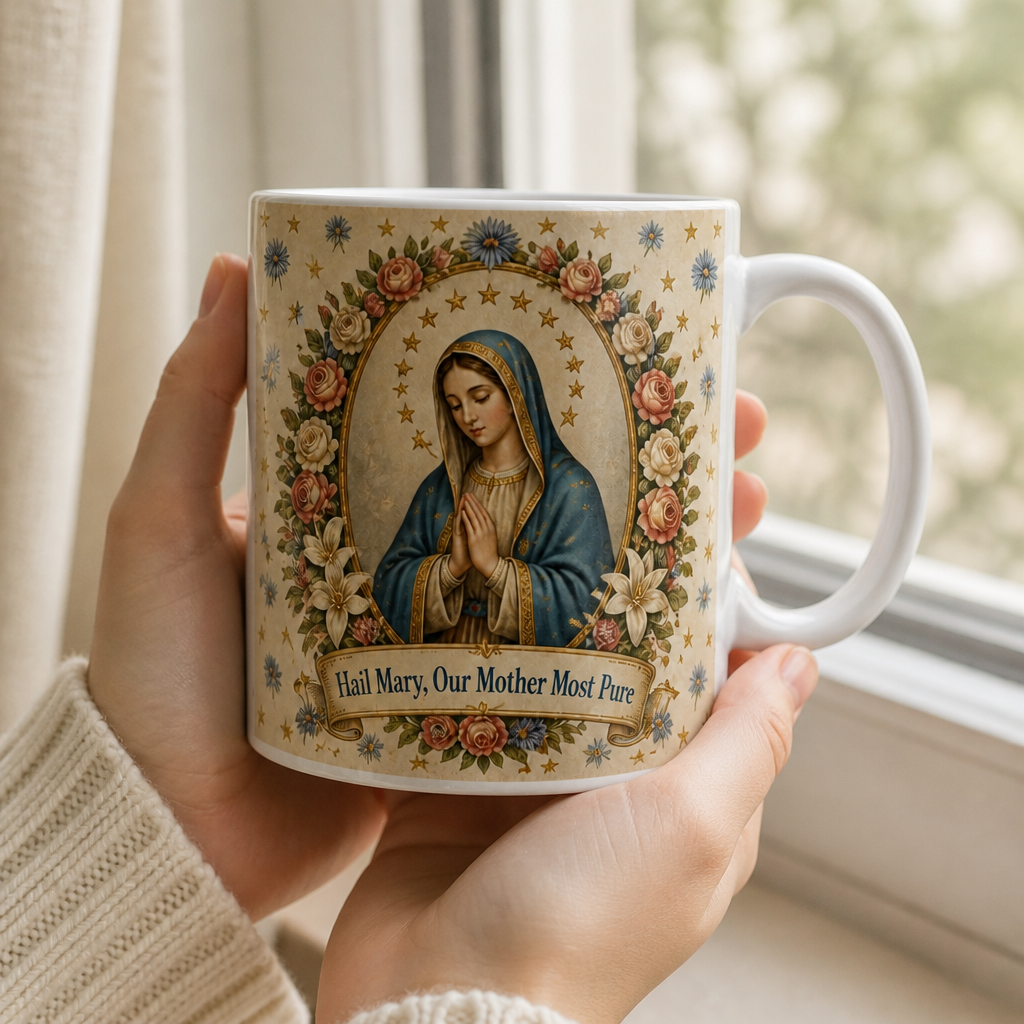 Rose Crowned Madonna Ceramic Mug - Christian Coffee Mug, styled in the home