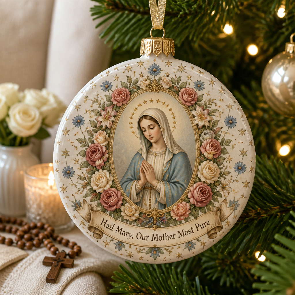 Rose Crowned Madonna Ceramic Ornament - Christian Christmas Ornament, front view