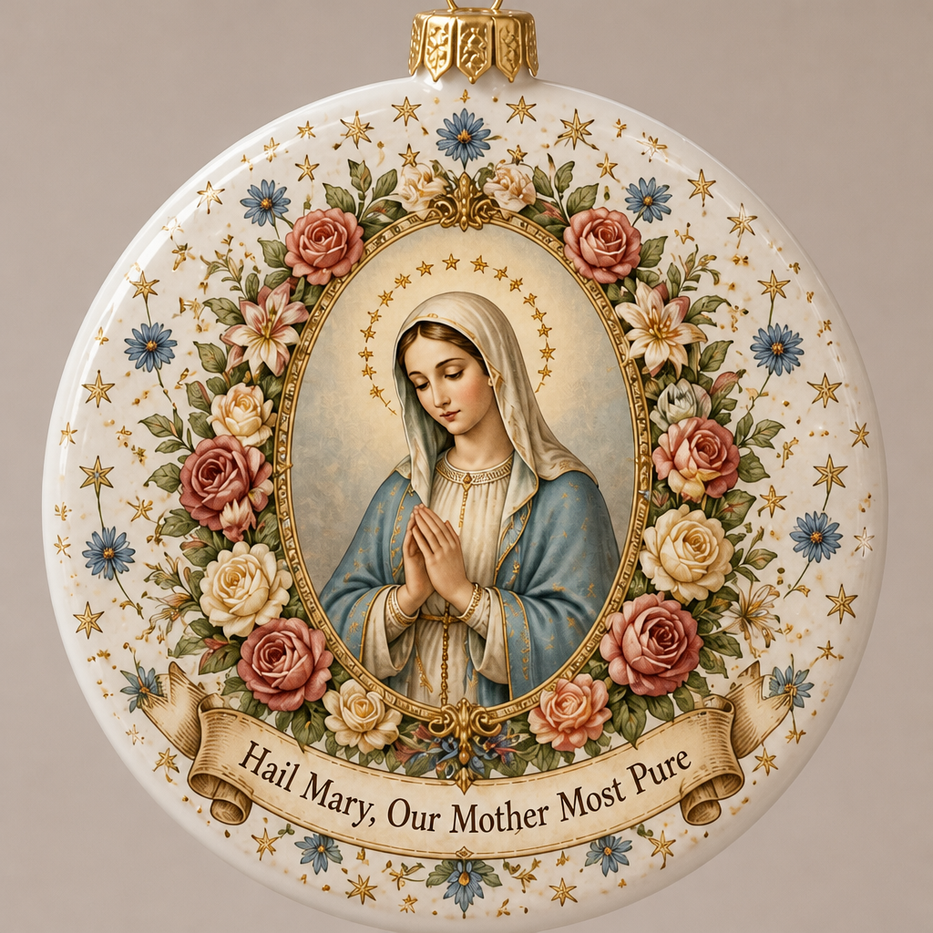 Rose Crowned Madonna Ceramic Ornament - Christian Christmas Ornament, detail view