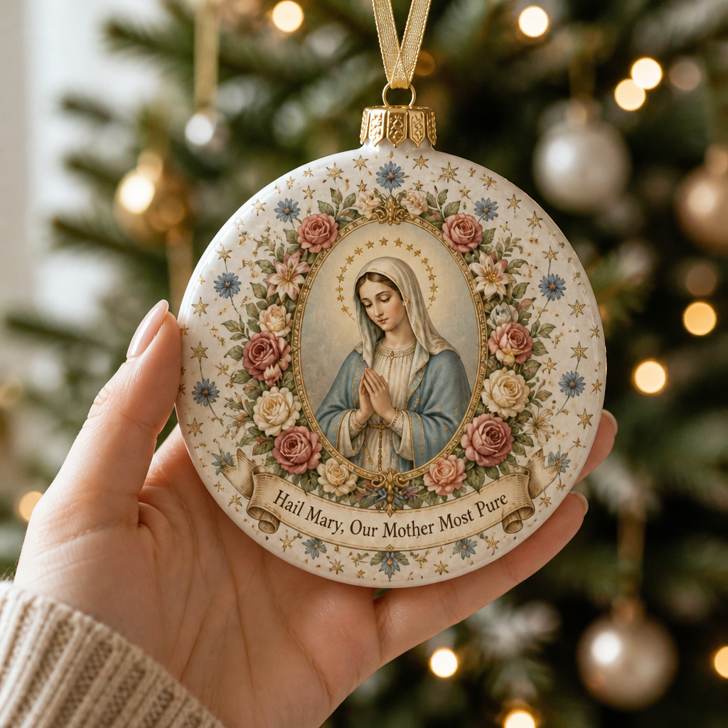 Rose Crowned Madonna Ceramic Ornament - Christian Christmas Ornament, styled in the home