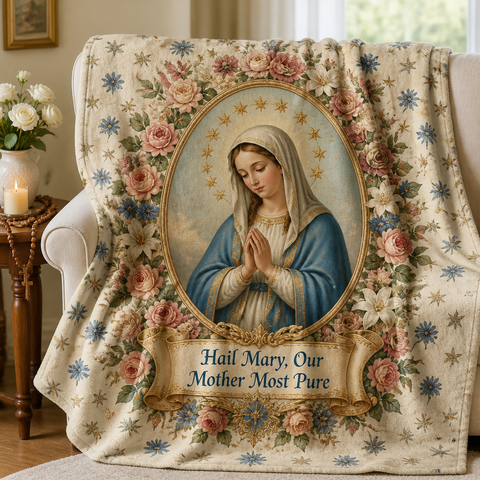 Rose Crowned Madonna Fleece Blanket - Christian Blanket, front view
