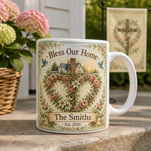 Rose Wreath Cross Blessing Ceramic Mug - Christian Coffee Mug, front view