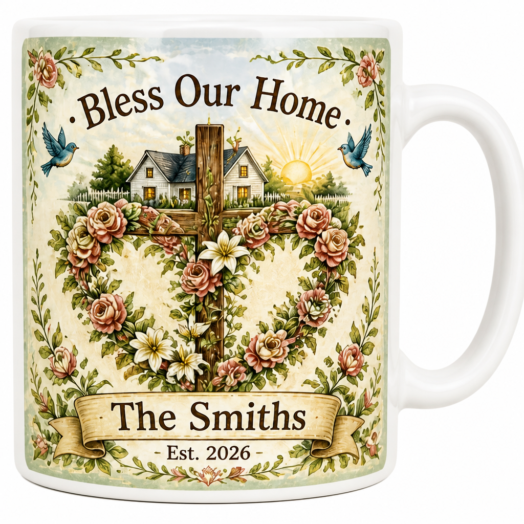 Rose Wreath Cross Blessing Ceramic Mug - Christian Coffee Mug, detail view