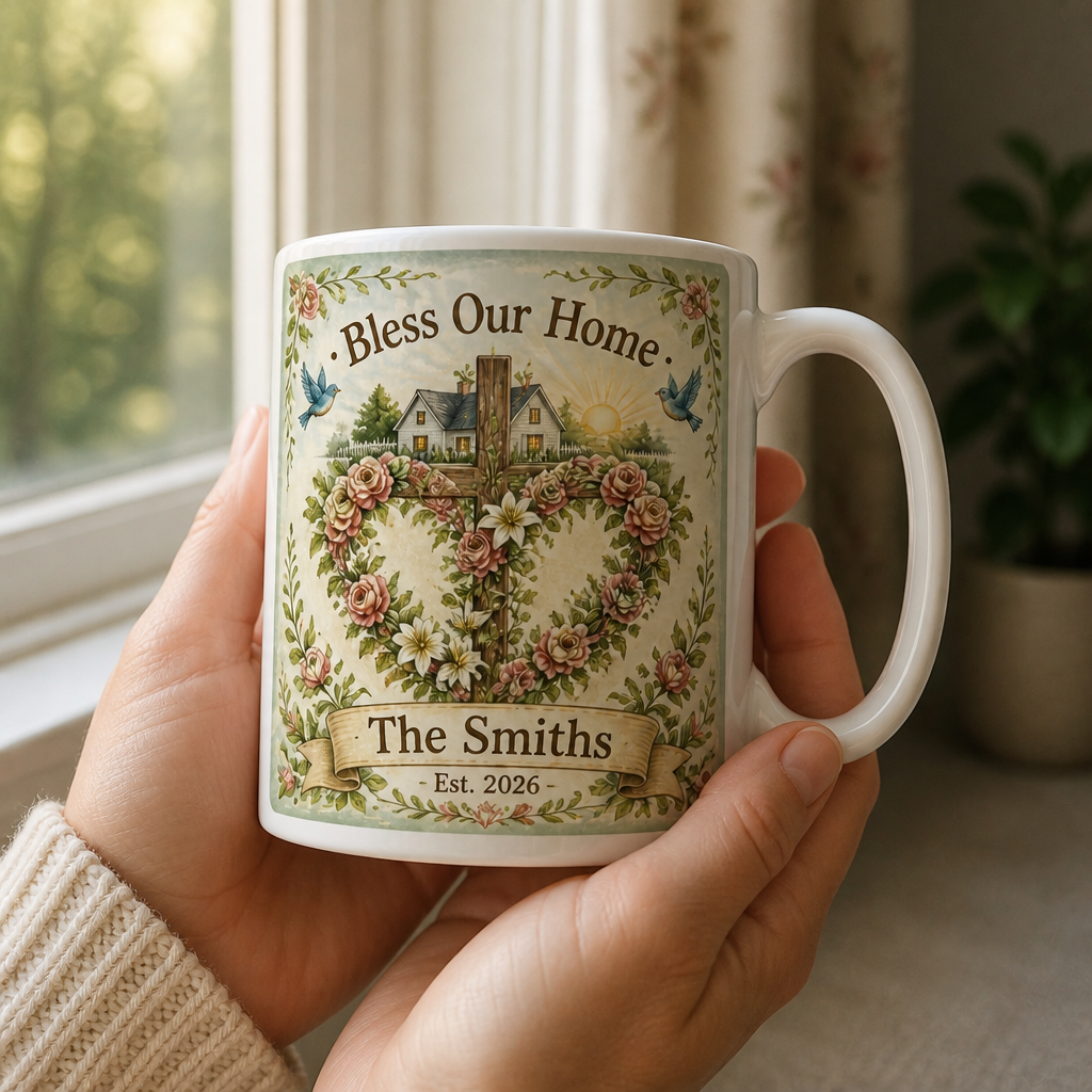 Rose Wreath Cross Blessing Ceramic Mug - Christian Coffee Mug, styled in the home
