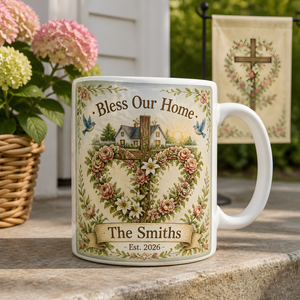 rose wreath cross blessing ceramic mug