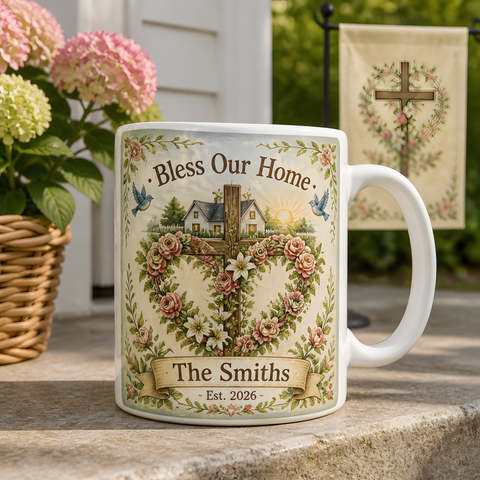 rose wreath cross blessing ceramic mug
