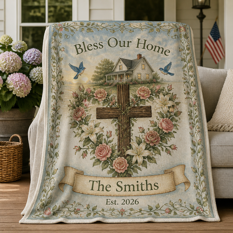 Rose Wreath Cross Blessing Fleece Blanket - Christian Blanket, front view