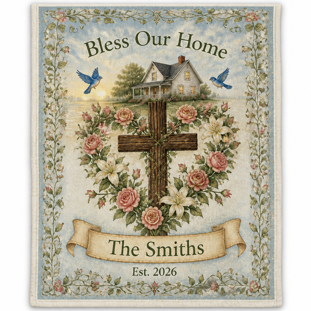 Rose Wreath Cross Blessing Fleece Blanket - Christian Blanket, detail view