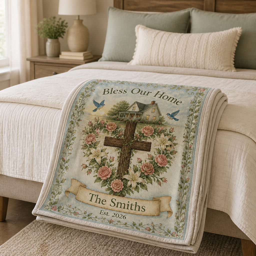 Rose Wreath Cross Blessing Fleece Blanket - Christian Blanket, styled in the home