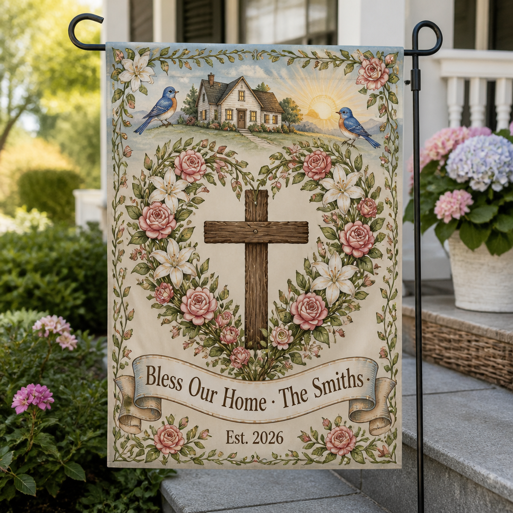 Rose Wreath Cross Blessing Garden Flag - Christian Garden Flag, front view