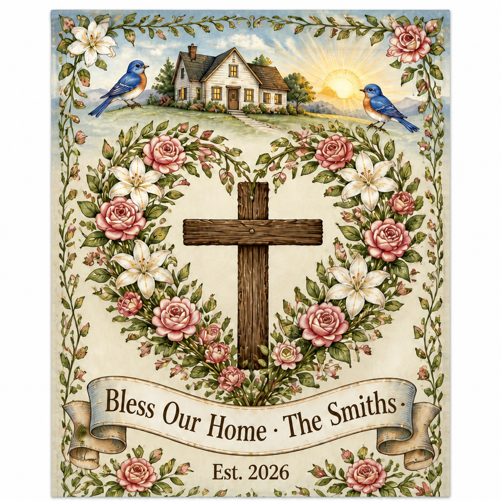 Rose Wreath Cross Blessing Garden Flag - Christian Garden Flag, detail view
