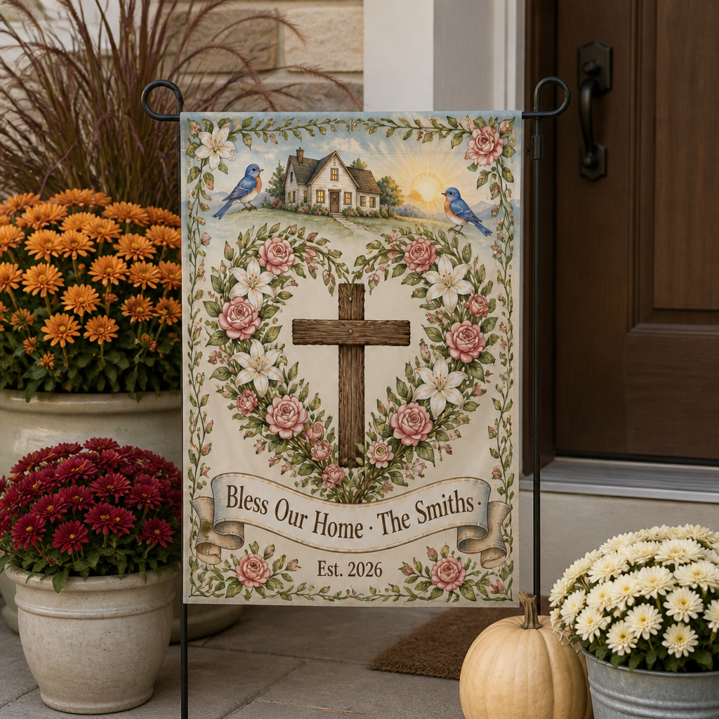 Rose Wreath Cross Blessing Garden Flag - Christian Garden Flag, styled in the home