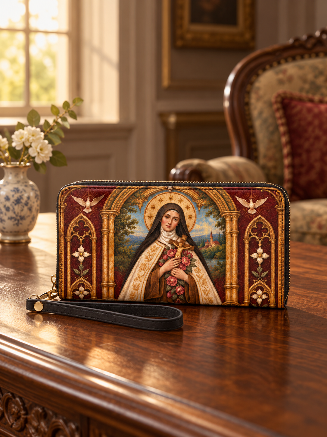 Roselight Leather Wallet - Christian Wallet, close-up of the print