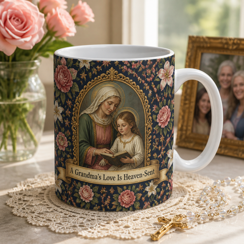 Saint Anne's Rose Garden Ceramic Mug - Christian Coffee Mug, front view